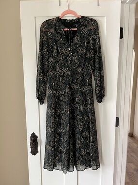 Tommy Hilfiger Black Green Paisley Midi Dress with Long Sleeves